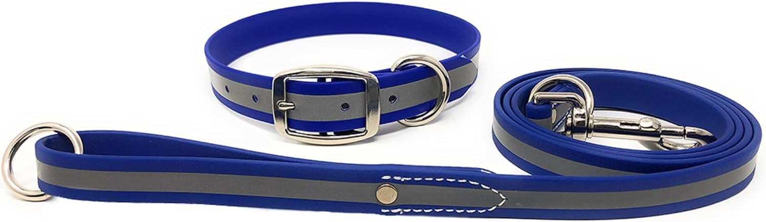 Regal Dog Products Large Blue Reflective Dog Collar And Leash Set - Waterproof Biothane Dog Collar With Heavy Duty Double Buckle