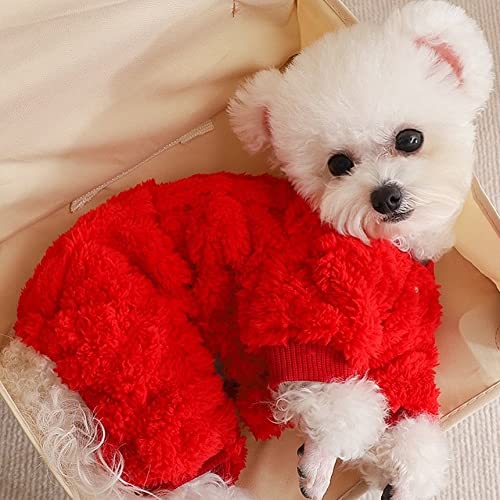 Loyanyy Plush Dog Pajamas For Cold Weather 4 Legged Clothes For Dog Cat Stretchy Puppy Kitten Onesie With Buttons Warm Soft Pet Jumpsuit Winter Coat Red X-Large