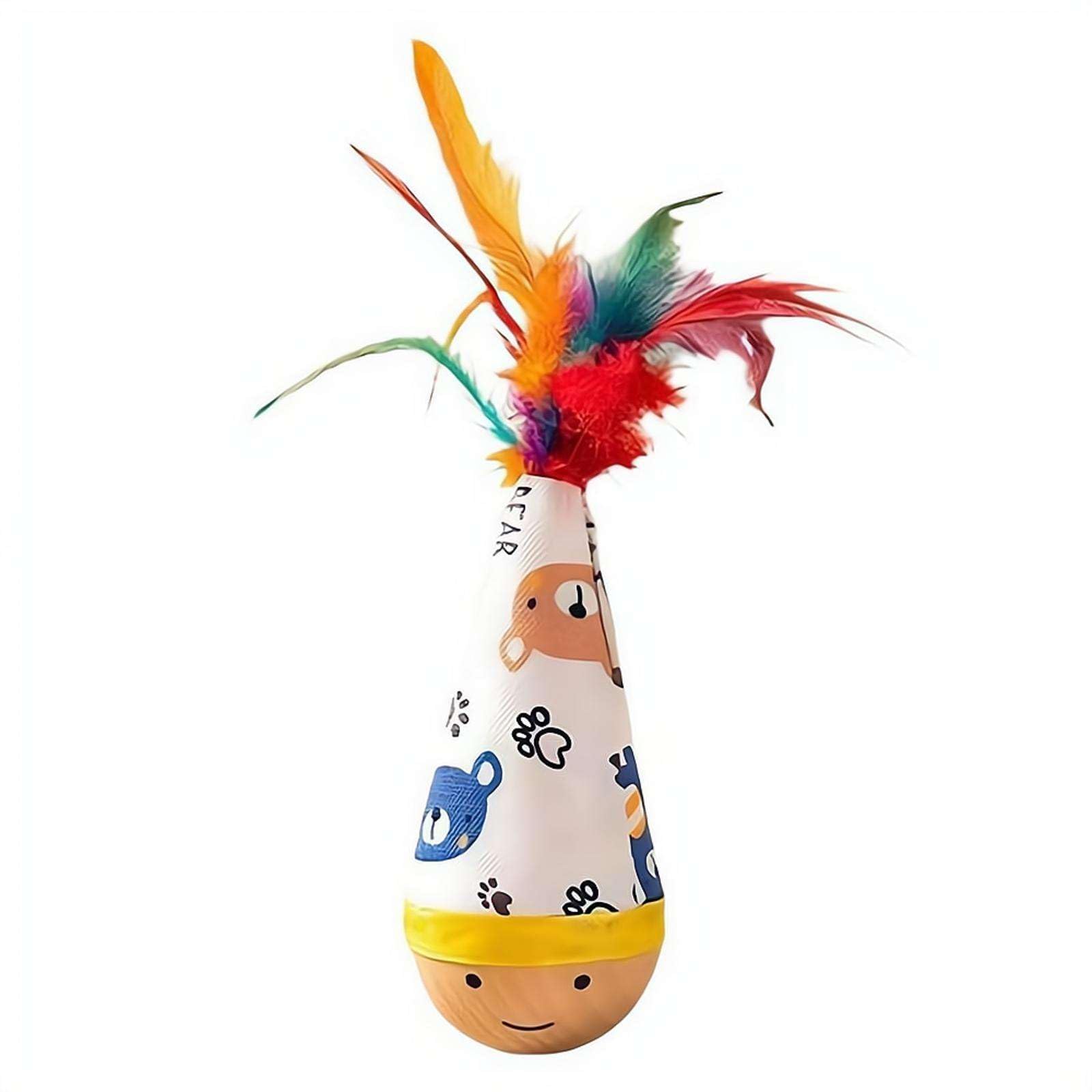 Carthome Wooden Wobble Cat, Tumbler Feather, Bite Resistant SelfRighting Wobbly Teaser, Interactive Cat Teaser Stick For Indoor
