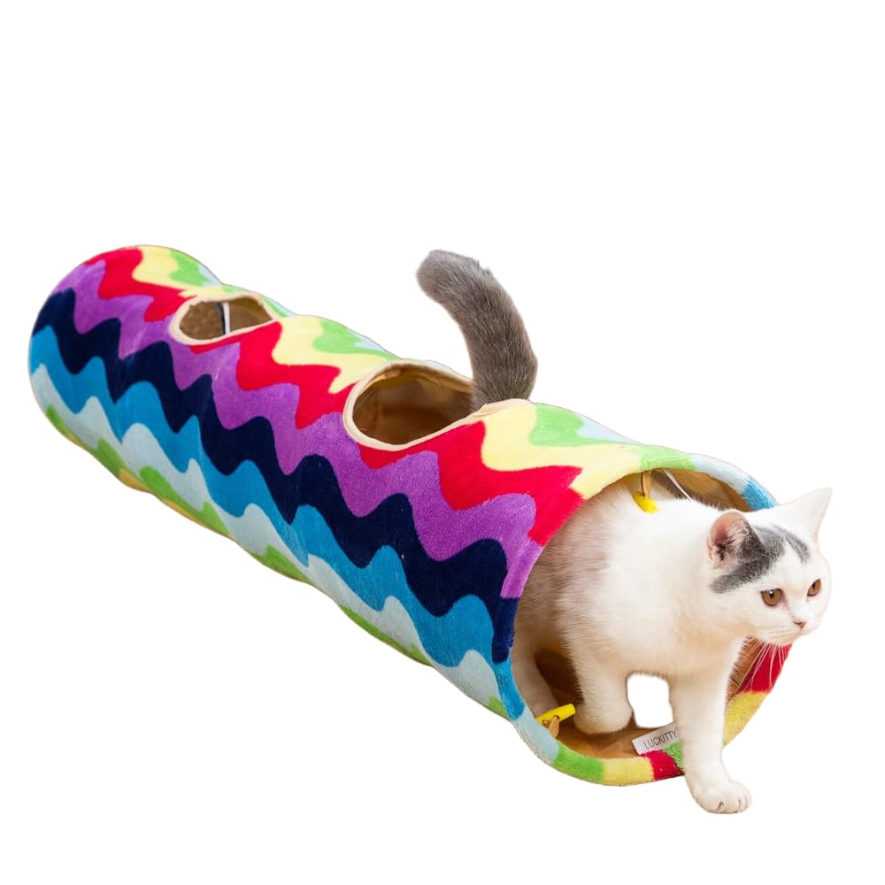 Luckitty Cat Tunnel -Straight-Shaped, Rainbow Wave Color, Soft Velvet Exterior, Oxford Fabric Fog-Proof Interior, Plush Toy Ball, Easily Washable, Conveniently Foldable, 47.2In/120Cm