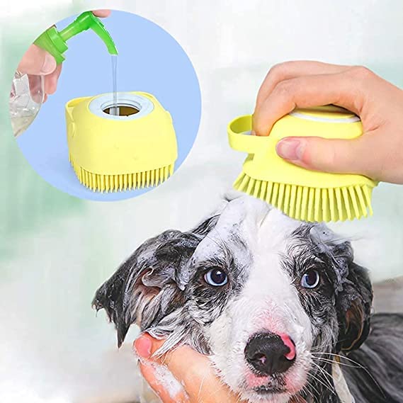 Woofy Dog Bath Brush Body Scrubber Shampoo Dispenser Tick Remover For Shower Bathing And Shedding Soft Silicone Bristles Brushes