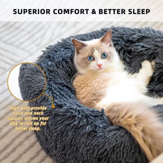 Cat Beds For Indoor Cats - Small Dog Bed Washable 24 Inches, Anti Anxiety Round Fluffy Plush Faux Fur Pet Bed, Thick Bottom (Dar