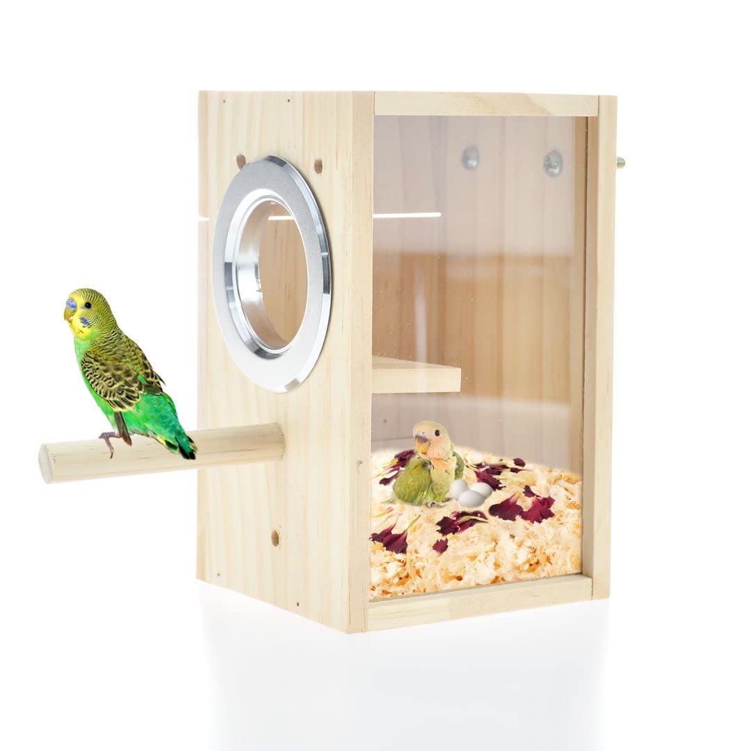 CooShou Bird Nest Box Parakeet Breeding Nest Box Bird Nest House Wooden Acrylic Transparent Breeding Box for Finch Lovebirds Coc