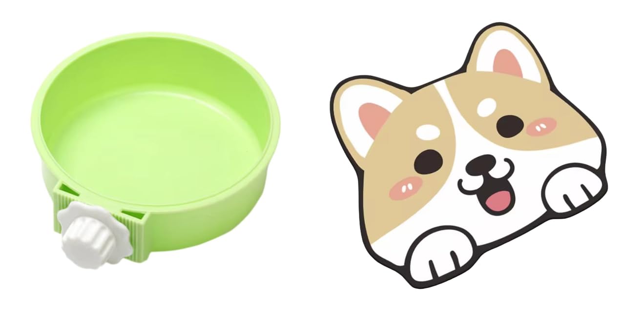 Round Cage Hanging Pet Bowl For Dog And Cat Food With Plastic Lock (Green) And Adorable Crystal Velvet Cartoon Cat Litter Mat  