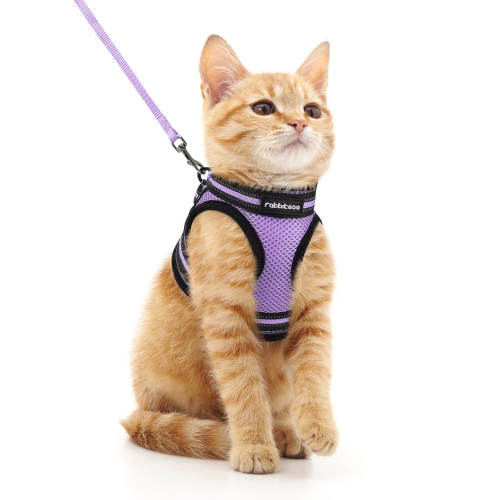 Rabbitgoo Cat Harness And Leash Set For Walking Escape Proof, Adjustable Soft Kittens Vest With Reflective Strip For Cats, Comfortable Outdoor Vest, Light Purple, M