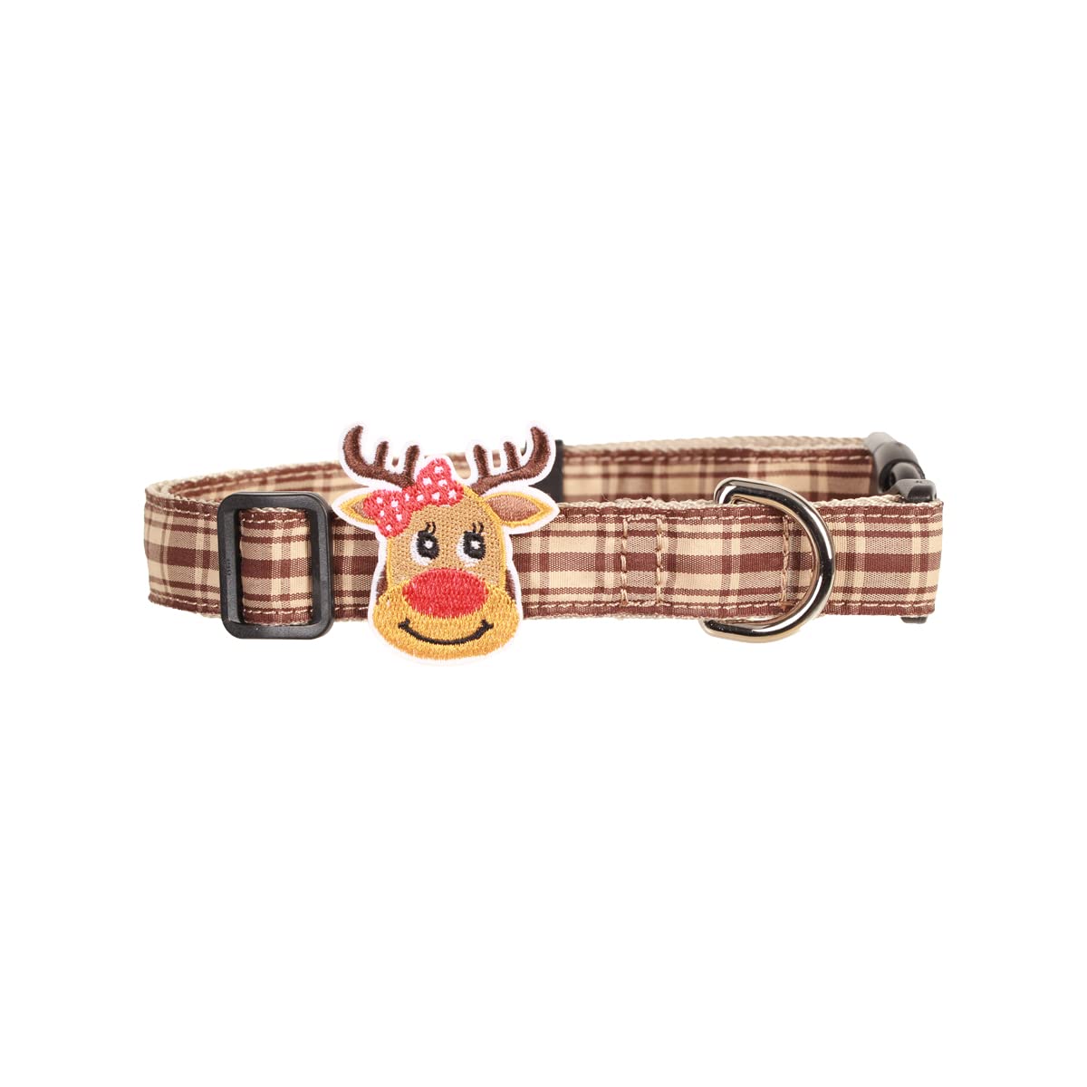 Holiday Winter Dog Collars With Cute Reindeer Decor,Khaki Buffalo Plaid Pattern,Adjustable For Medium Large Dogs