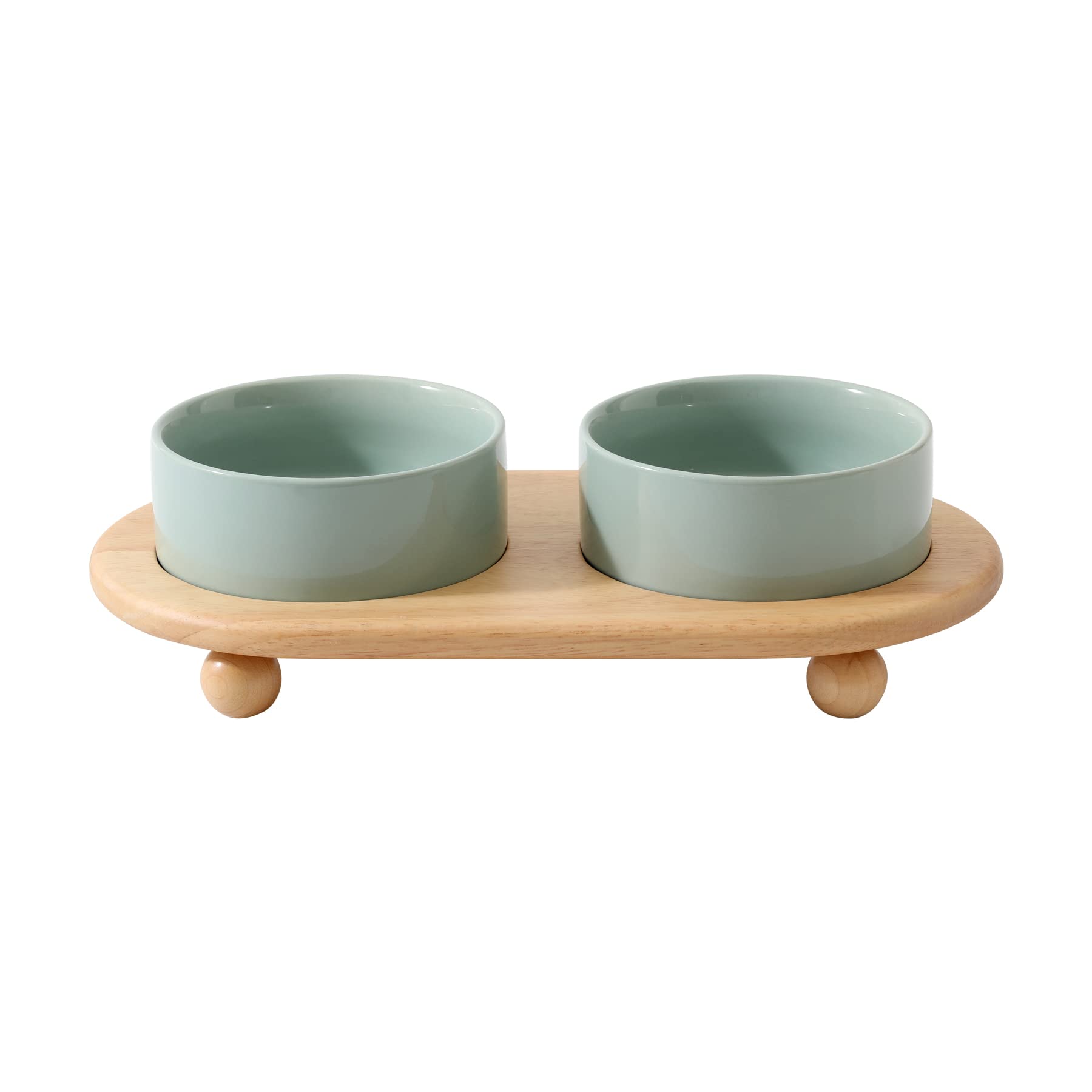 Havniva Ceramic Elevated Cat Food and Water Bowl, Kitty Bowl, Raised Cat Dish, Cat Feeder (5.1 in, 2 x Light Green + Stand)