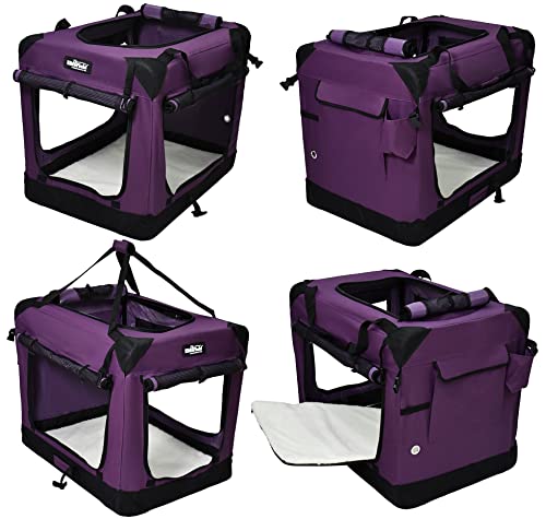 Elitefield 4-Door Folding Soft Dog Crate With Curtains, Carrying Bag And Fleece Bed (2 Year Warranty), Indoor & Outdoor Pet Home (20' L X 14' W X 14' H, Purple+4 Door Curtains)