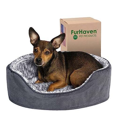 Furhaven Dog Bed For Small Dogs W/ Removable Washable Cover & Pillow Cushion Insert, For Dogs Up To 12 Lbs - Two-Tone Faux Fur &