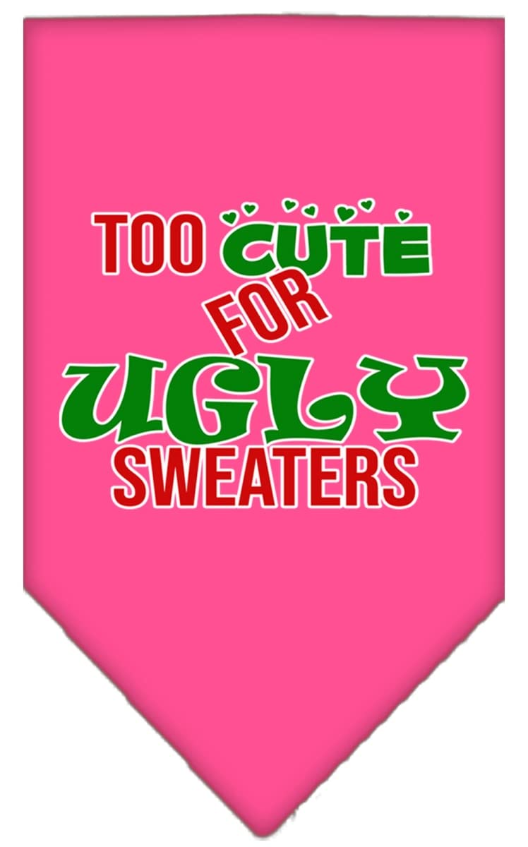 Christmas Pet and Dog Bandana Screen Printed, &quot;Too Cute For Ugly Sweaters&quot; Bright Pink Large