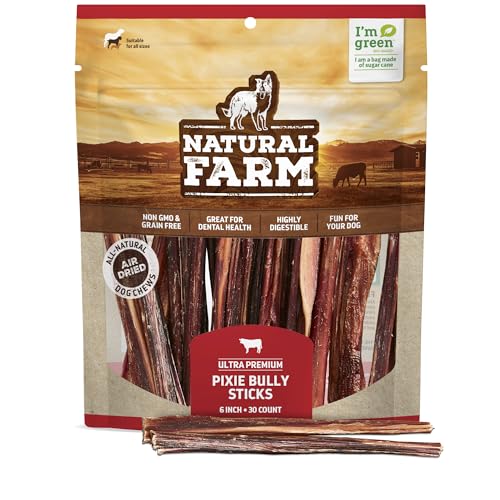 Natural Farm Bully Sticks (6 Inch, 30 Pack), Thin Pizzle Pixie Beef Treats, Grain-Free, High Protein, Best Rawhide Alternative f