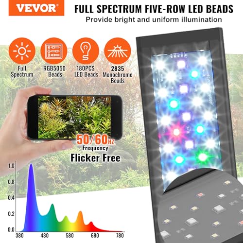 VEVOR Aquarium Light, 36W Full Spectrum Fish Tank Light with 24/7 Natural Mode, Adjustable Timer & 5-Level Brightness, with Alum
