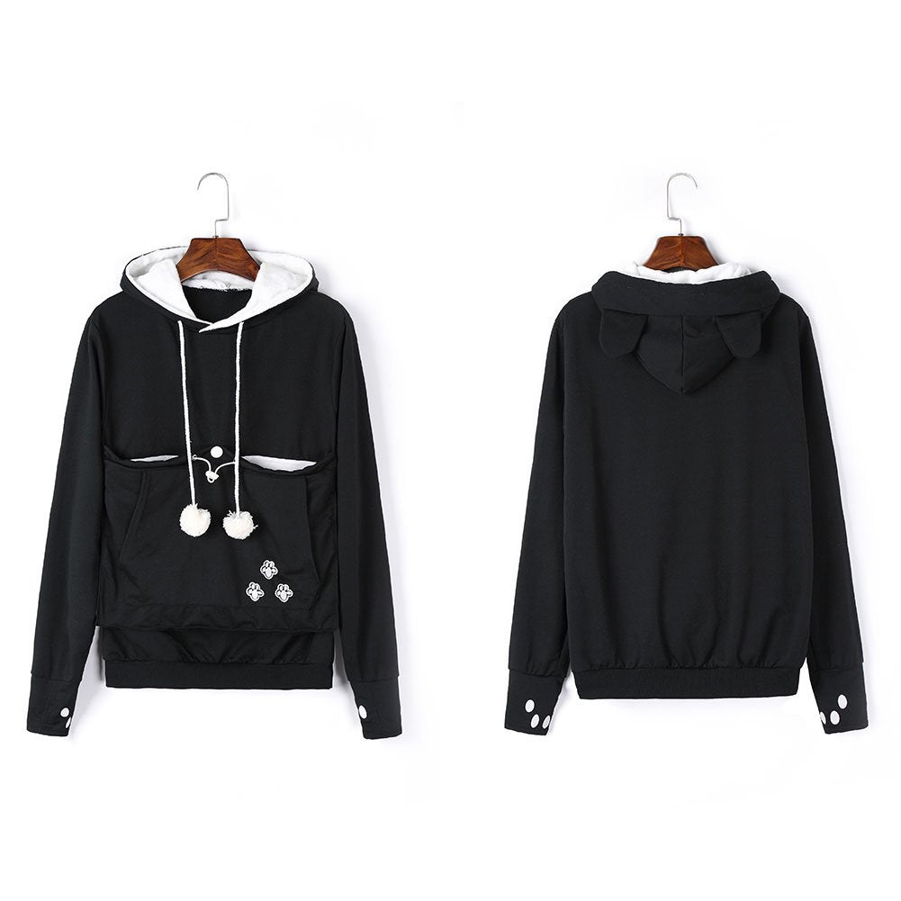 Jomago Womens Pet Carrier Thin Hoodies Kitten Puppy Pouch Shirts Animal Holder Hood Long Sleeve Sweatshirt Thin Black