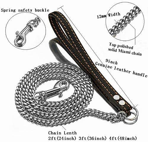 Aiyidi Heavy Duty Stainless Steel Dog Chain Leash, 3FT/4FT/5FT Cuban Link Metal Dog Leashes, for Large Medium Small Dogs, with G