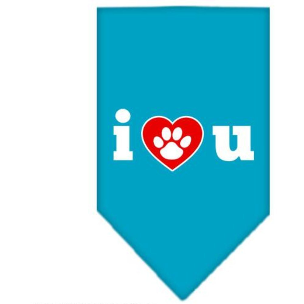 Pet and Dog Bandana Screen Printed, &quot;I Love You&quot; Turquoise Large