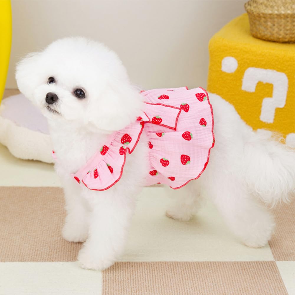 Dog Dresses For Small Dogs, 100% Cotton Girl Clothes With Leash Ring & Bow Decor, Cute Strawberry Print, Summer Cat Dresses For