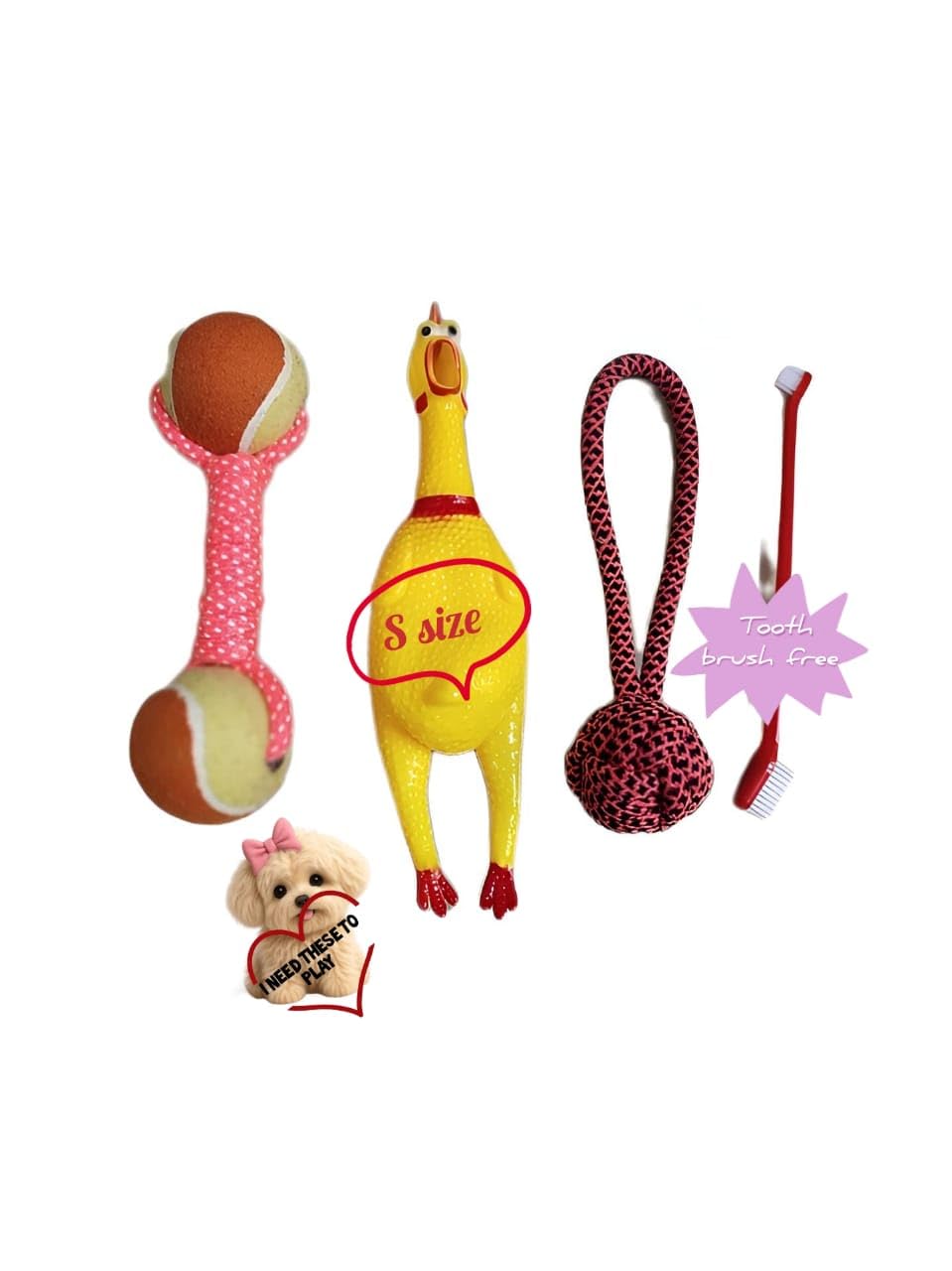 VRINDAVANI PRIMROSE Pet Dog Toys Set of 3, Tennis Ball Dumbbell, Rubber Chicken, Rope Toy with Free Toothbrush