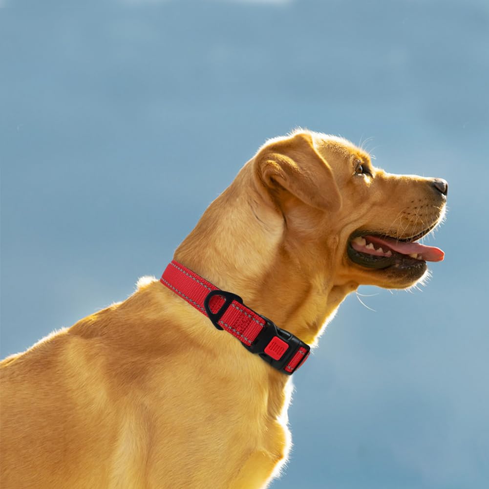 Taglory Reflective Dog Collar With Safety Locking Buckle, Adjustable Nylon Pet Collars For Large Dogs Female Male, Red, L