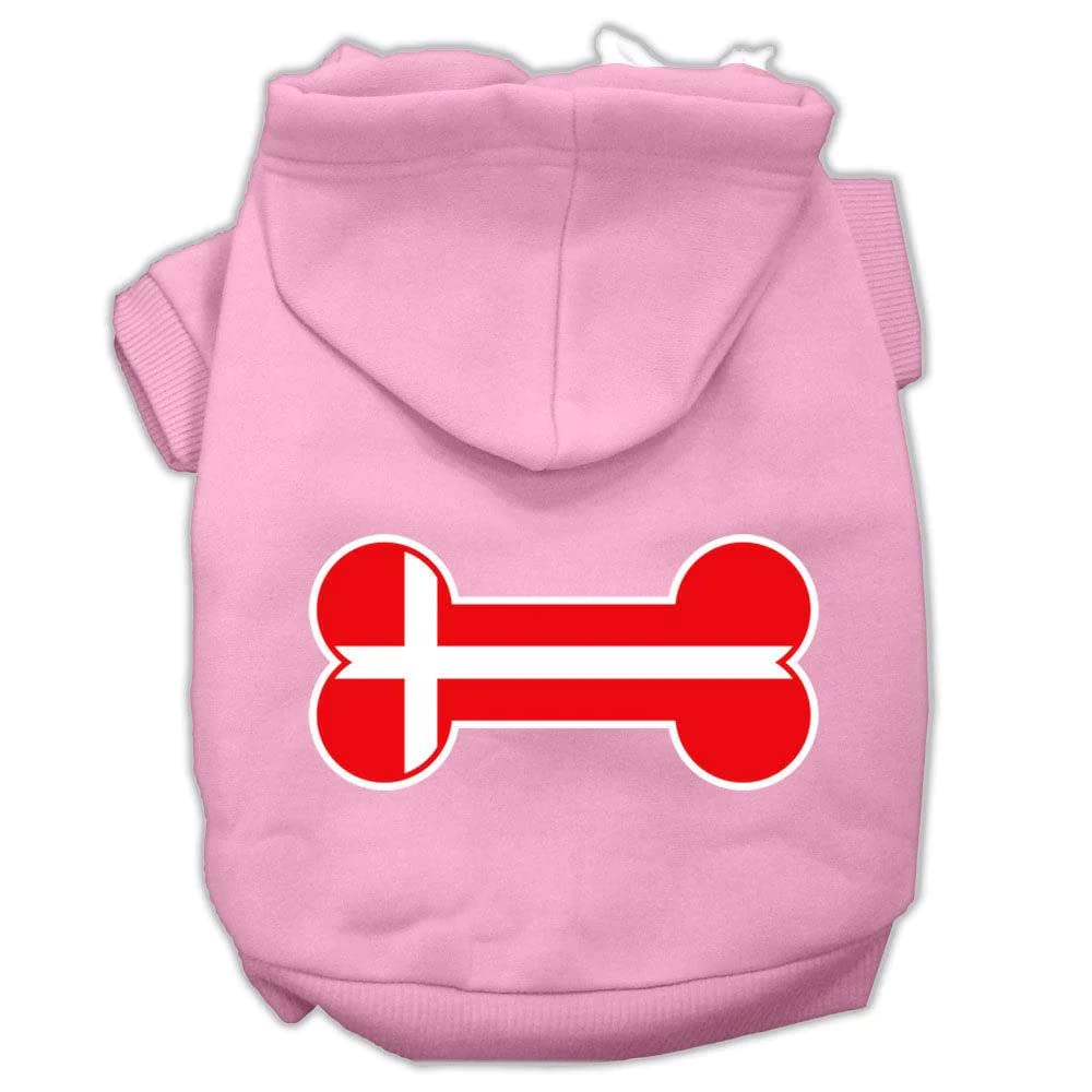 Pet, Dog & Cat Hoodie Screen Printed, 'Bone Shaped Denmark Flag' Light Pink 3Xl (25-35 Lbs.)