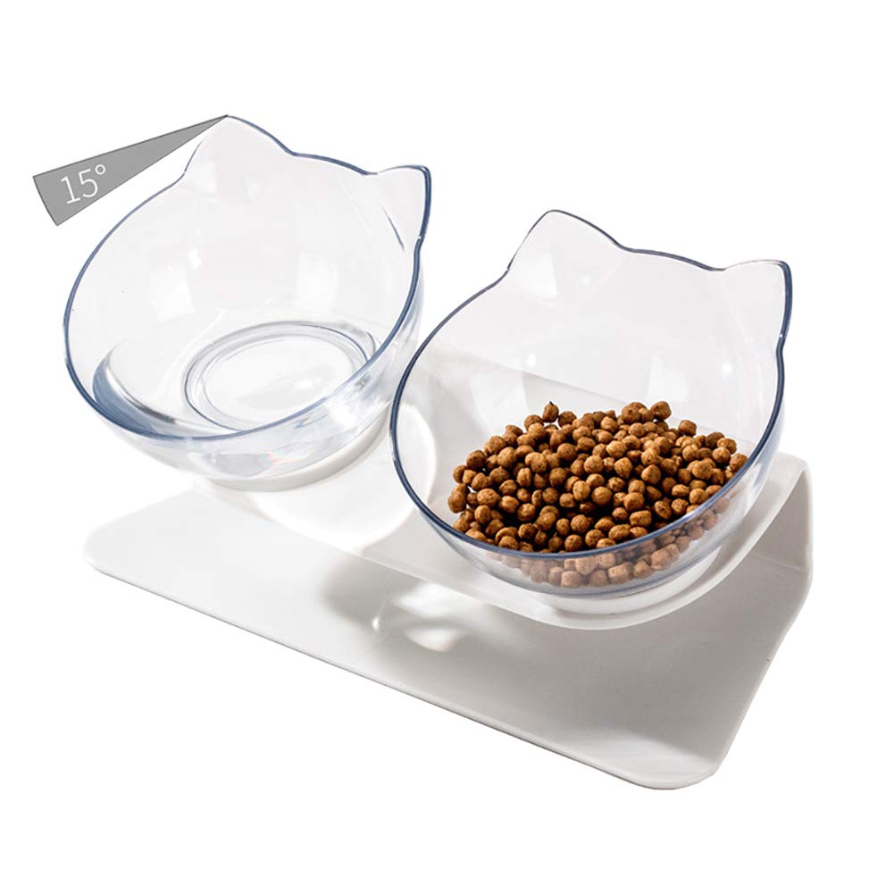 Luck Dawn Double Elevated Cat Bowls with Raised Stand, 15 Tilted cat Design Neck Guard Stand Pet Food Water Feeder Bowl for Cats