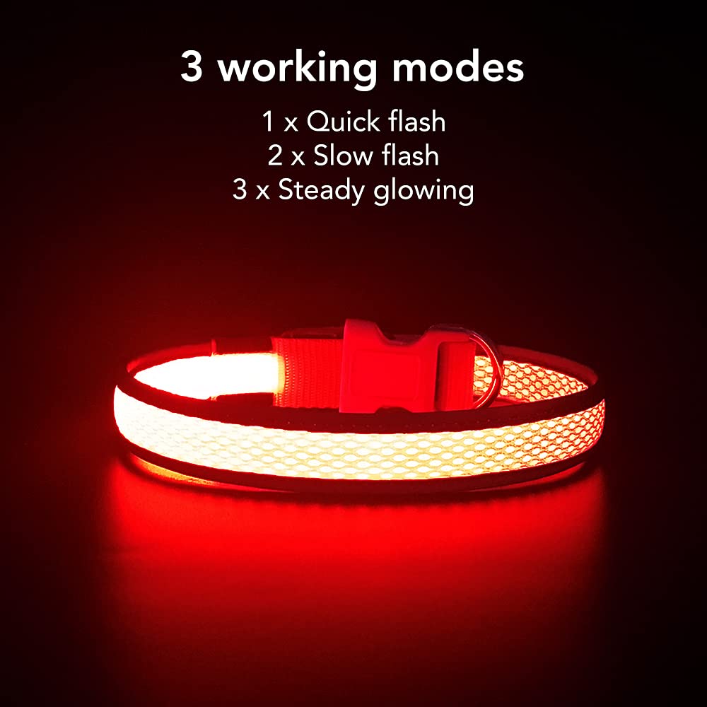 Yfbrite Light Up Dog Collar, Rechargeable Flashing Led Collar, Adjustable Reflective Safety Glowing At Night (Red, Large)