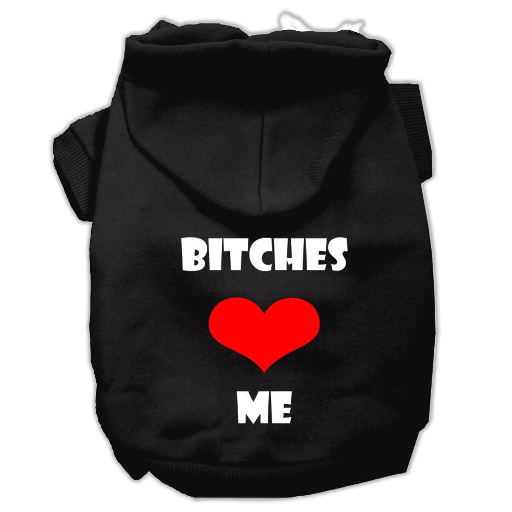 Mirage Pet Products 10&quot; Bitches Love Me Screen Print Pet Hoodie, Small, Bright Pink