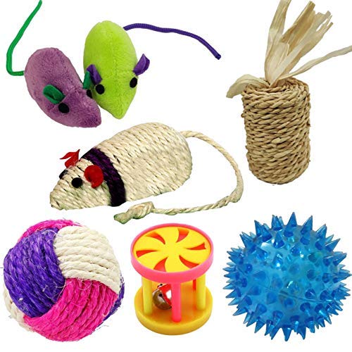 Psk Pet Mart 6 In 1 Cat Toys Kitten Toys Combo  1 Drum Bell | 1 Led Ball | 1 Pair Plush Mouse | 3 Sisal Ball & Mouse Toy (Combo