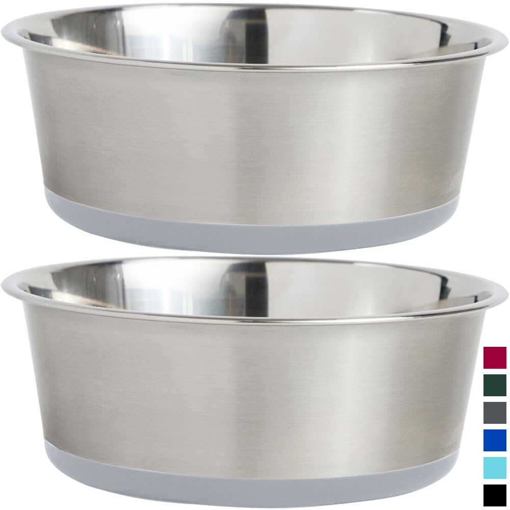 Gorilla Grip Set Of 2 Dog Bowls, Holds 4 Cups (32 Fl Oz), Heavy Duty Metal Food And Water Bowl For Feeding Dogs And Cats, Dishwasher Safe, Rust Resistant Stainless Steel, Bpa Free Rubber Base, Lt Gray