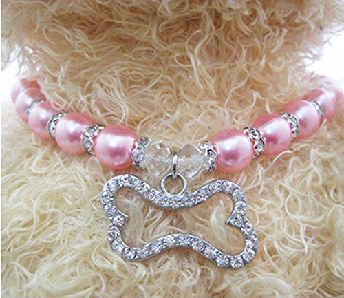 PETFAVORITES Crystal Dog Pearls Necklace Jewelry with Bling Rhinestone Bone Charm for Small Dogs Girl - Chihuahua Yorkie Clothes