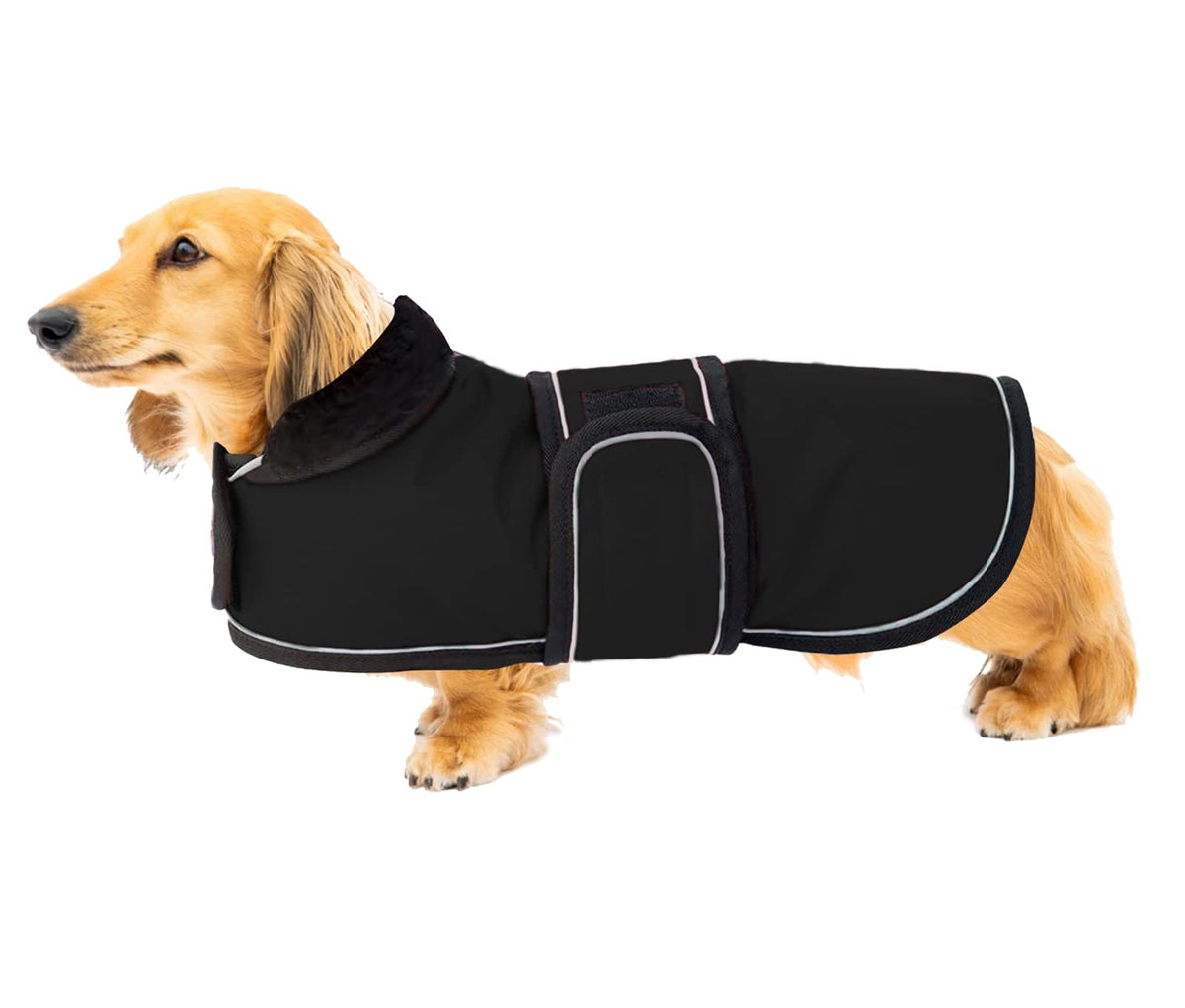 Brabtod Dachshund Winter Coat With Warm Fleece Lining,Miniature Dachshund Clothes Waterproof Dog Jacket With Adjustable Bands And Reflective For Small Medium Dog-Black-Xl