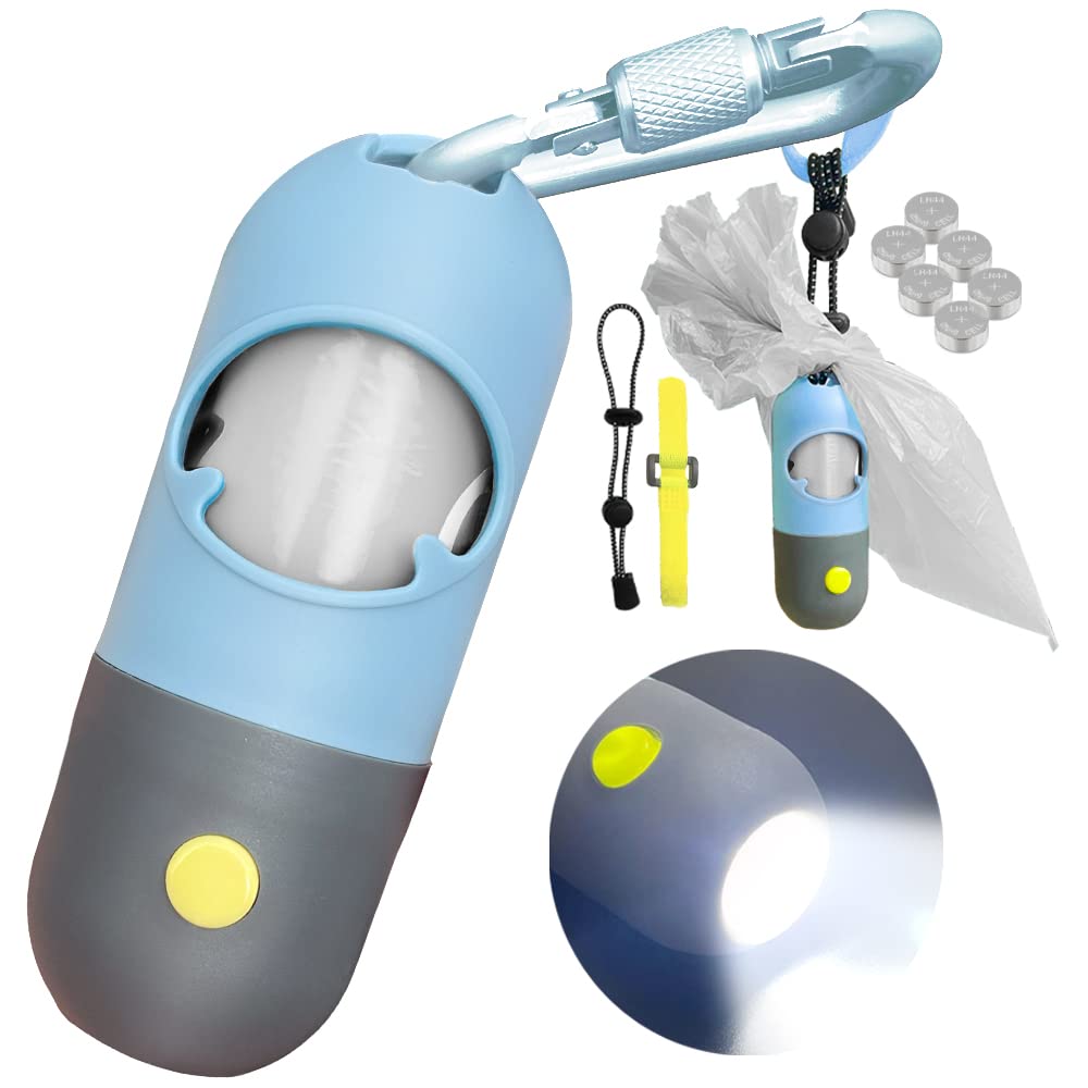 Dog Poop Bag Dispenser With Built-In Led Flashlight And Metal Clip For Leash, Pet Waste Bag Holder, Dog Walking Accessory (Blue)
