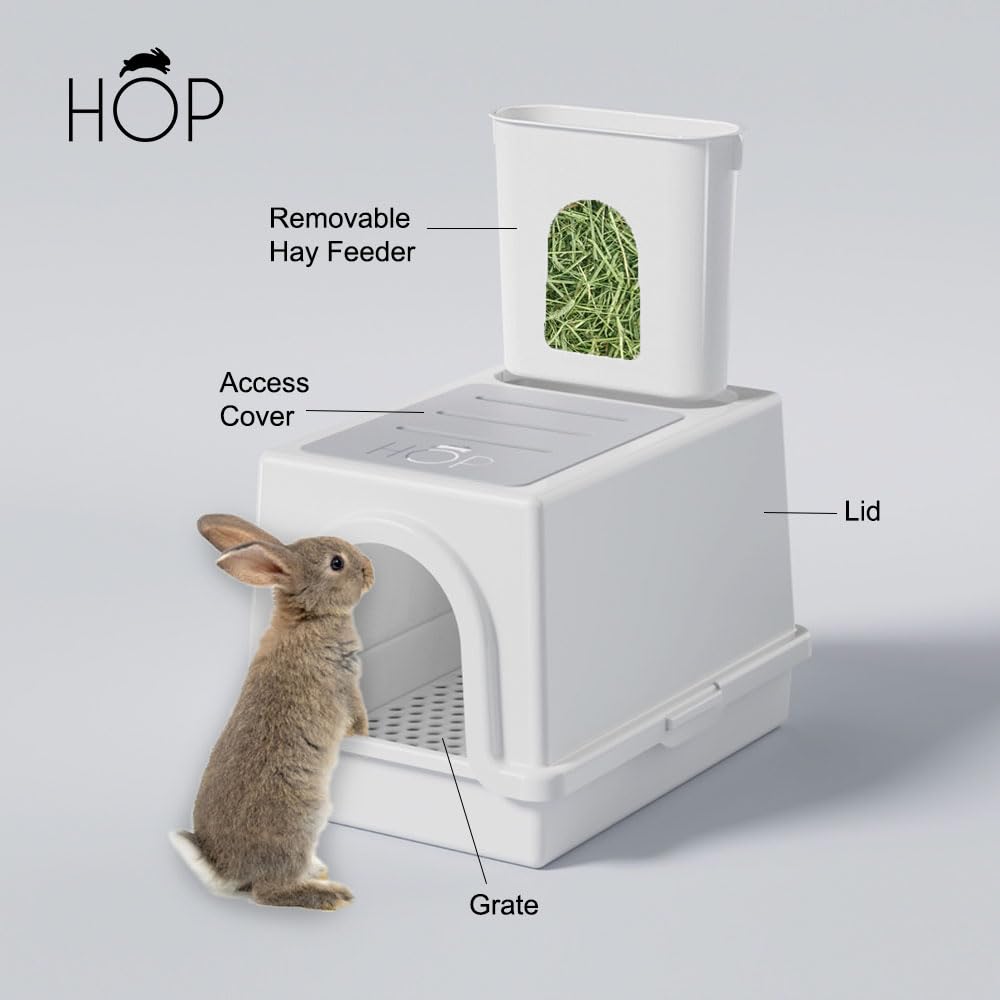 Hop Rabbit Litter Box, Less Mess With Built-In Hay Feeder Designed For Rabbits/Bunnies. Includes Removable Cover And Pan. Bpa-Fr