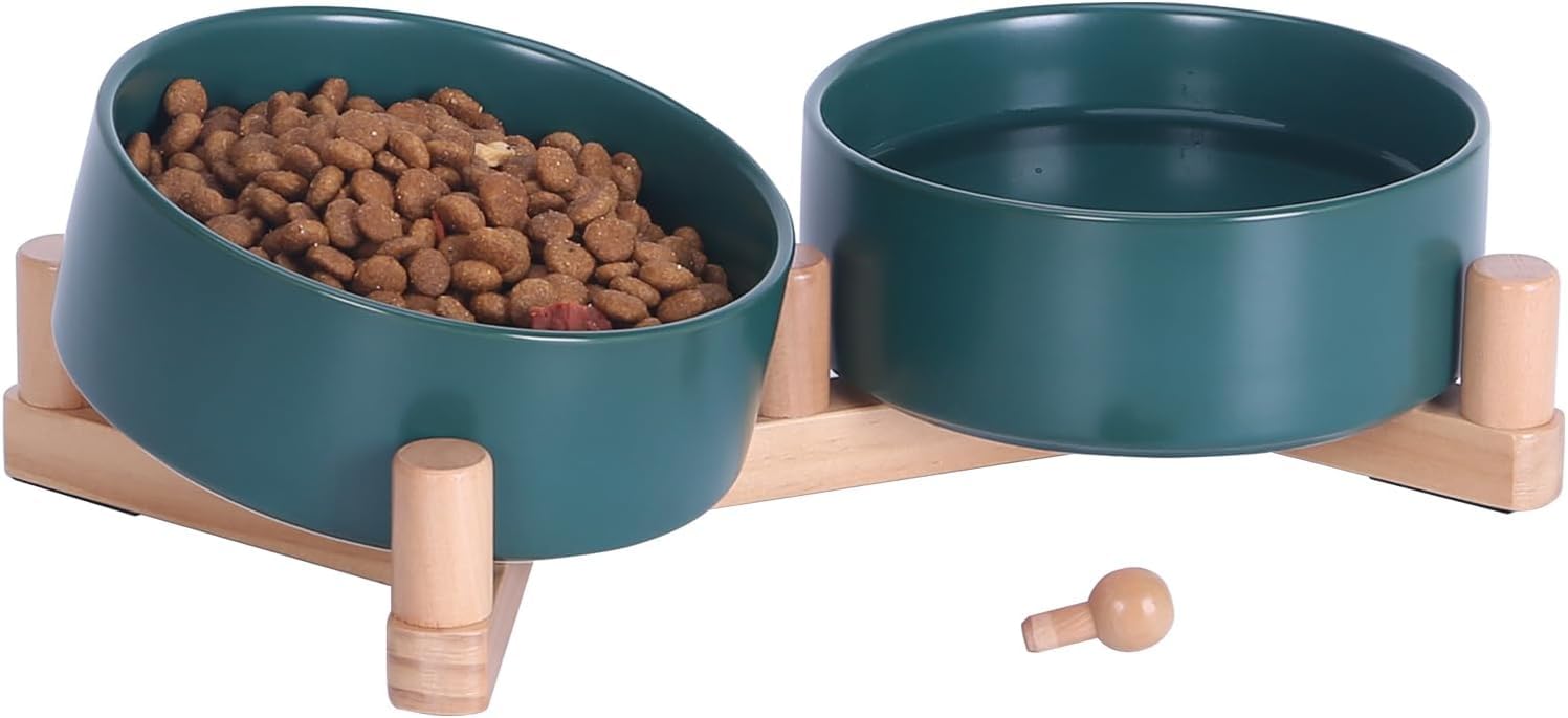 Ceramic Dog Bowl and Cat Bowls Set with 15 Adjustable Wood Stand, Non-Slip Weighted Pet Food and Water Bowls, Dual Raised Feeder