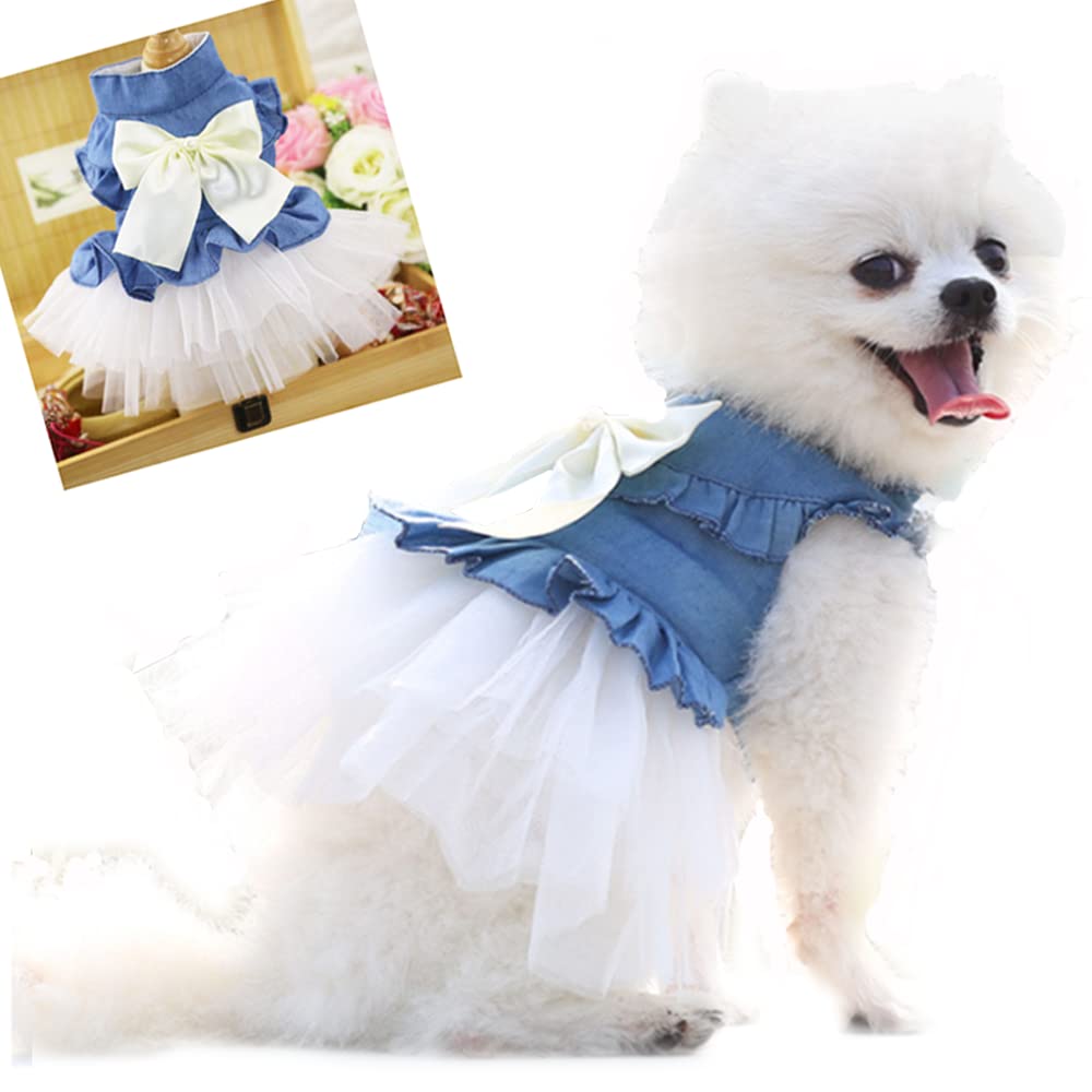 Aniac Blue Denim Dog Dresses For Small Dog Girl Spring Summer Puppy Clothes Fancy Dress For Dogs Cat White Lace Pet Tutu Outfit 