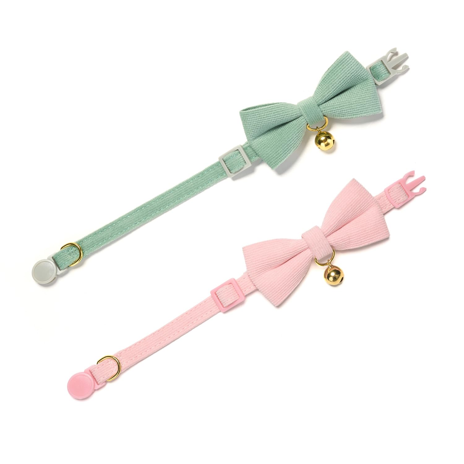 Ewinoom 2 Pack Soft Corduroy Cat Collars With Bow Tie & Bell, Adjustable Breakaway Cotton Kitty Bowtie Collar For Female Male Ca