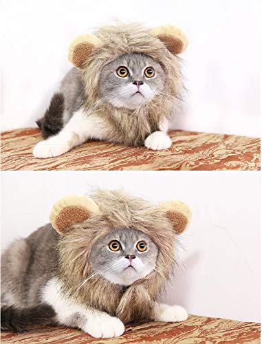 Lion Mane Costume Wig For Cats & Small Dogs, Fancy Cat Lion Cosplay Hat In Halloween Xmas Clothes Dress With Ears (Large(Neck 15