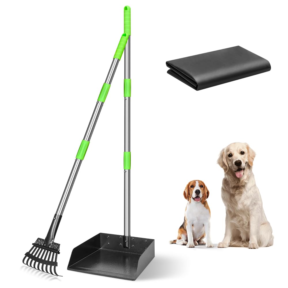 Tooge Larger Pooper Scooper For Large Dogs, Dog Pooper Scooper Long Handle Stainless Metal Tray And Rake Set For Large Medium Sm