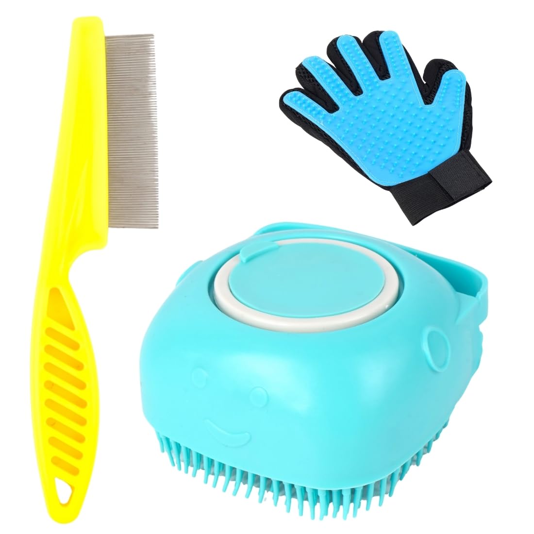 Pet Grooming Set with Massage Brush, Metal Comb, Silicone Bath Brush, Blue and Yellow, 3Piece Kit for Dogs
