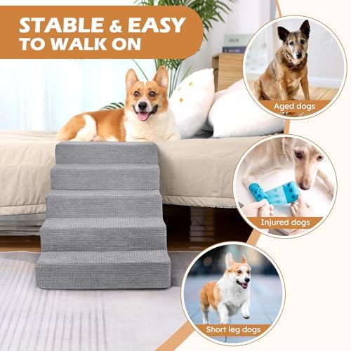 Heeyoo Dog Stairs For Small Dogs,5-Step Dog Steps For High Bed And Couch, High-Density Foam Pet Steps With Supporting Board, Non