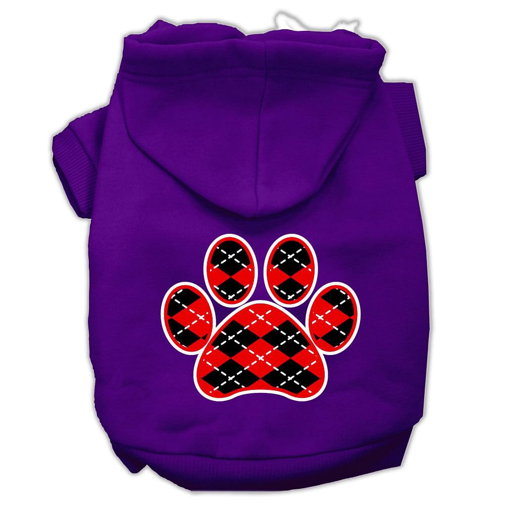 Pet Dog & Cat Hoodie Screen Printed, 'Red Argyle Paw' Purple Md (6-10 Lbs.)