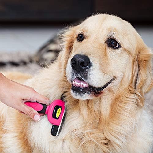 Dakpets Stainless Steel Pet Deshedding Tool - Grooming Brush For Cats And Dogs, Removes Trapped Hair, Reduces Shedding By Up To 95%, All Hair Types, Includes Protective Blade Cover, Pink, 4 Inches