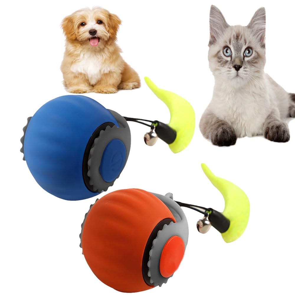2 Pack Automatic Moving Dog Toy Ball,Smart Interactive Cat Toy Ball With Tail&Interactive Sensor,(Orange & Blue)