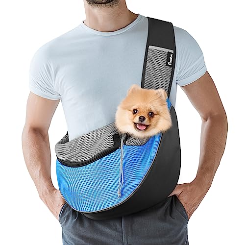 Pawaboo Pet Dog Sling Carrier, Hand Free Drawstring Dog Papoose With Adjustable Strap, Breathable Mesh Bag For Puppy Cat, Crossb