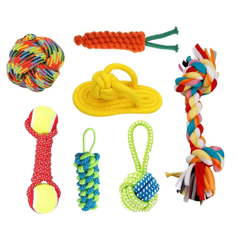 Dog Trust Durable Chew Teething Fetch Tough Rope Toy for Small to Medium Dogs (2 Knot + Slipper + Banana + Tennis + Handle Rope 