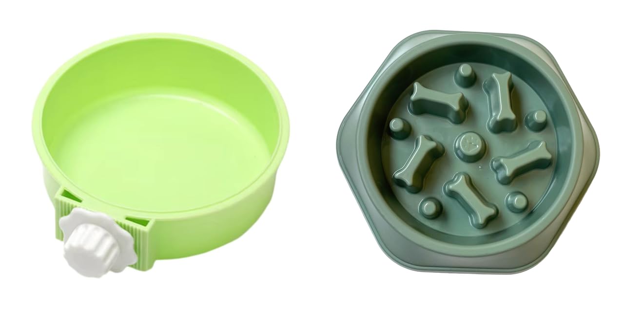 Round Cage Hanging Pet Bowl For Dog And Cat Food With Plastic Lock (Green) And Pet Bowl, Feeding Bowl, Dog Bowl, Slow Eating Bow