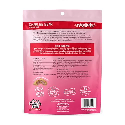 Charlee Bear Nuggets Crunchy and Soft Dog Treats, Strawbeary Swirl, 6 Ounce Resealable Bag, Skin and Coat Support, Grain Free, L