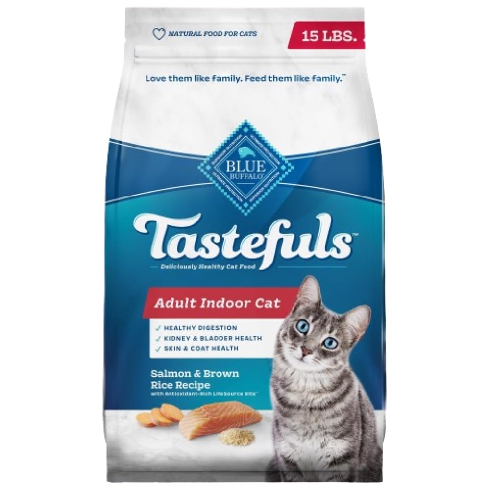 Blue Buffalo Tastefuls Natural Dry Food for Adult Indoor Cats, Salmon & Brown Rice Recipe, 15-lb. Bag