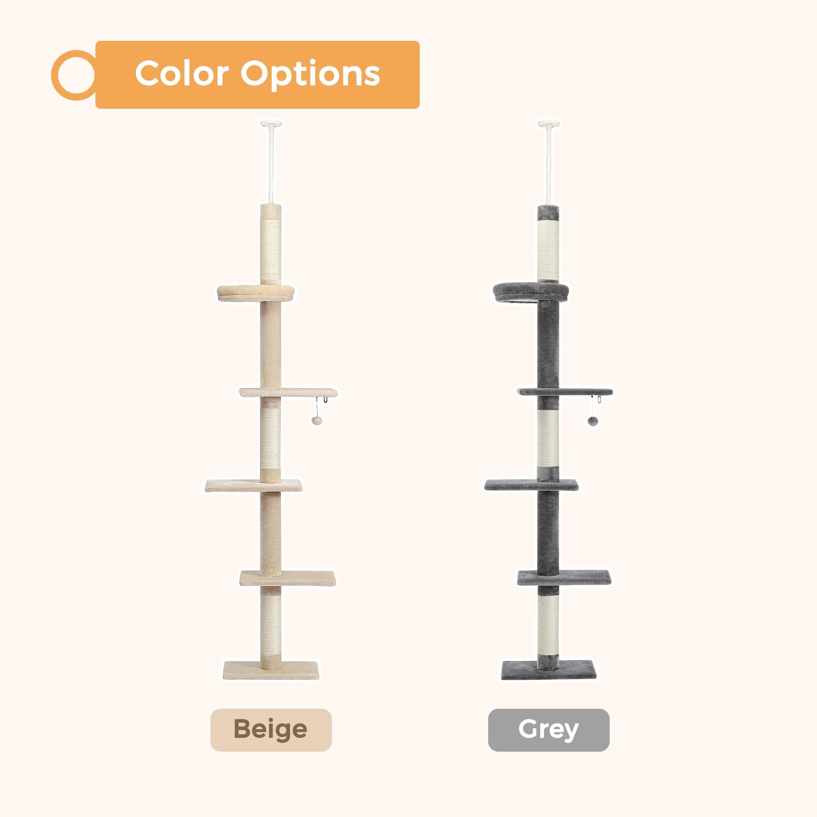 PETEPELA Cat Tree 5-Tier Adjustable Tower (95-108") - Beige Plush Activity Center with Scratching Post & Cozy Bed