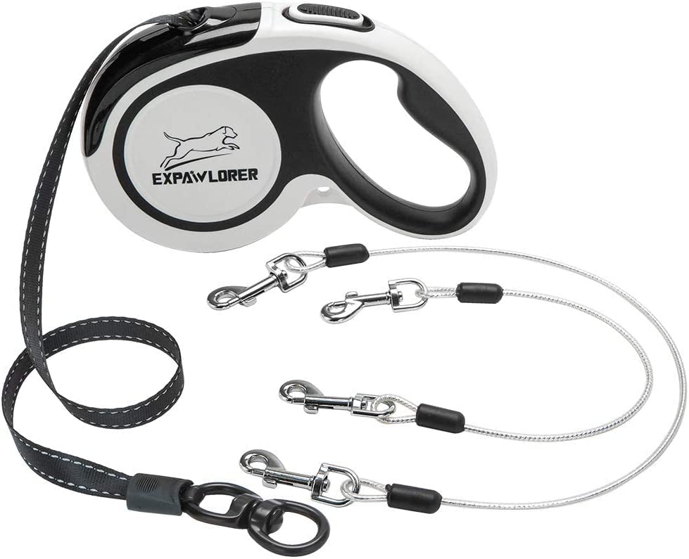 EXPAWLORER Retractable Dog Leash - Chew Proof 16ft Double Leash for 2 Dogs, Tangle-Free Wire Ropes, Heavy Duty, Black & White
