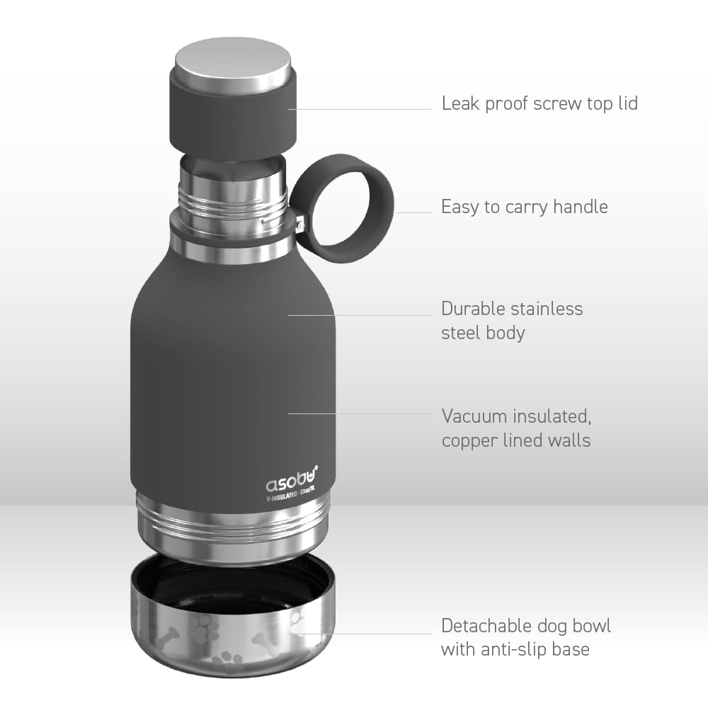 Asobu Dog Bowl Attached To Stainless Steel Insulated Travel Bottle For Human 37Oz/1.1 Liter With Detachable Dog Bowl (Smoke)